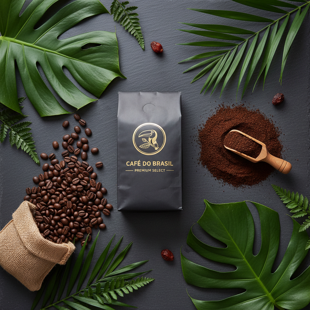 Flat lay grains et café moulu brésilien avec feuilles tropicales