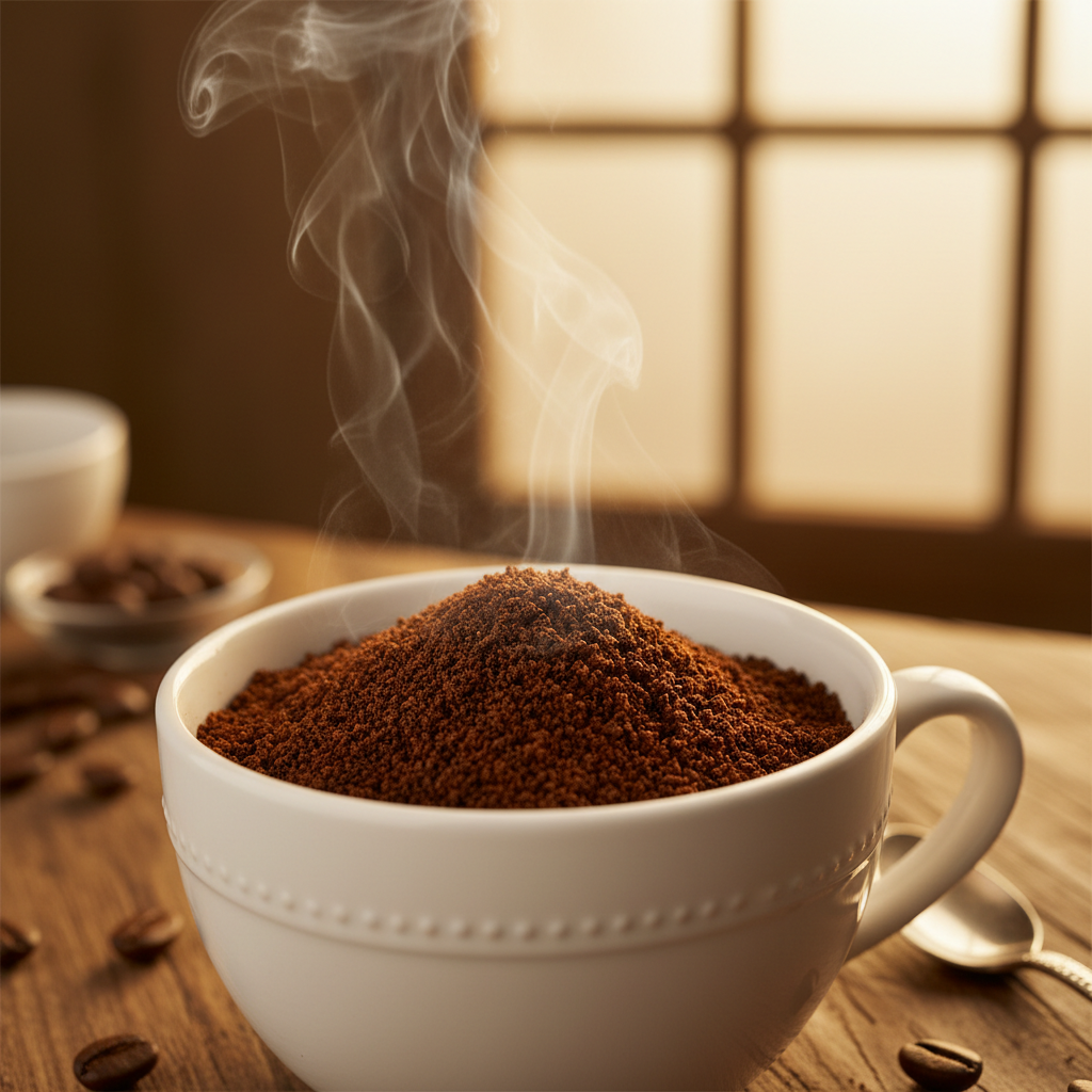 Tasse de café brésilien fumant sur table en bois
